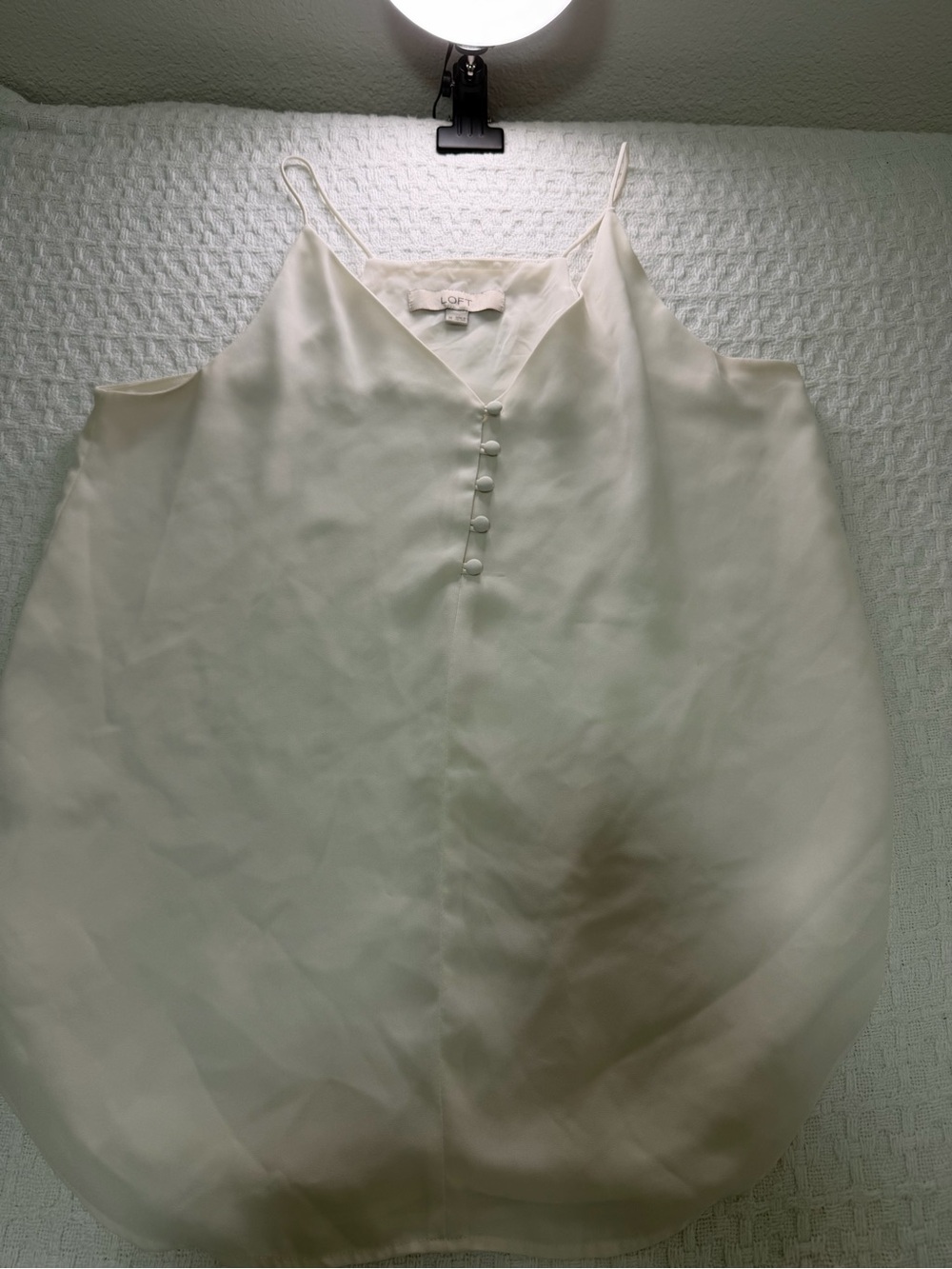 LOFT Ivory Satin V-Neck Cami with Covered Buttons